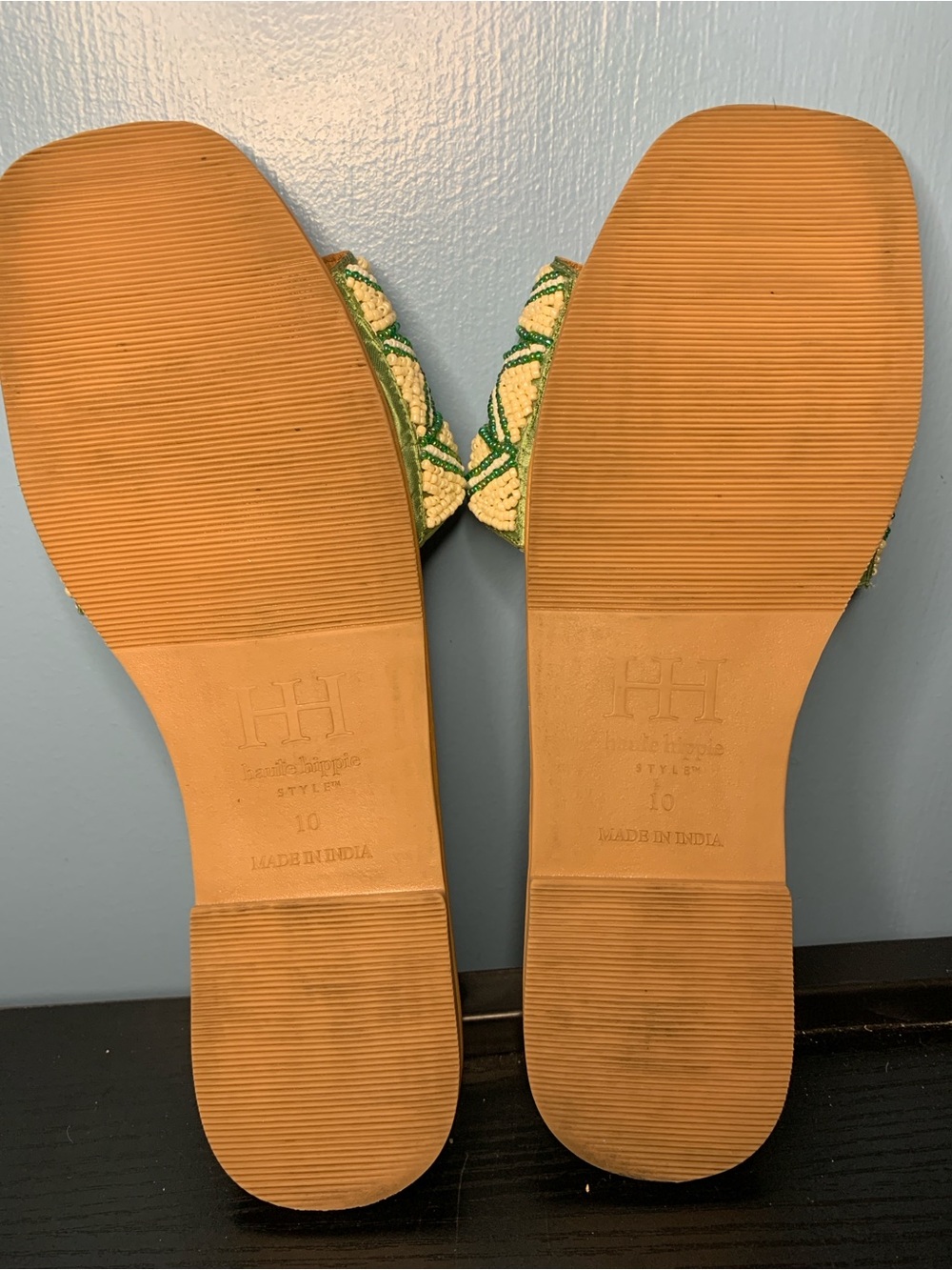 Haute Hippie Green and Cream Beaded Slide Mules - Picture 3 of 5